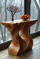 AI generated Handmade wooden designer table in the interior photo