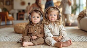 AI generated Two sad children are sitting on the floor with headphones on against the background of their parents' party photo