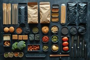 AI generated eco-friendly disposable tableware made of paper and wood with spices on a black background. the concept of recycling photo