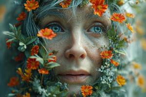 AI generated Portrait of a beautiful young girl in flowers close-up photo