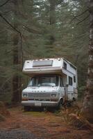 AI generated Camping in the forest of the motorhome . Holidays in a camper van photo