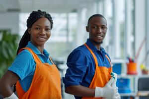 AI generated A smiling pair of African American cleaners are cleaning the room photo