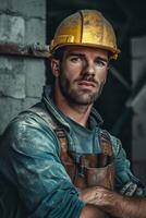 AI generated Portrait of a bricklayer in the workplace. Construction worker photo