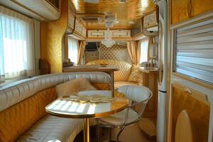 AI generated Luxurious interior inside the motorhome. The concept of a comfortable journey photo