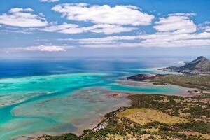 The view from the bird's eye view on the coast of Mauritius. Amazing landscapes of Mauritius.Beautiful coral reef of the island photo