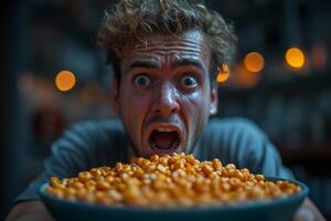 AI generated A screaming Emotional man and a pile of cornflakes in front of him photo