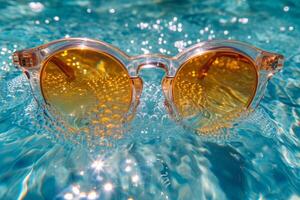 ai generado Gafas de sol flotador en el agua en calentar soleado clima foto