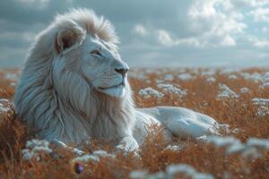 AI generated Portrait of a white lion in a field in summer photo