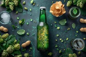 ai generado realista cerveza botella con dorado burbujas en el antecedentes con meriendas. un refrescante bebida sin un etiqueta foto