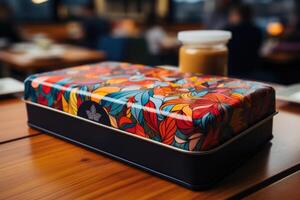 AI generated Colorful patterned coffee packaging stands on the table photo