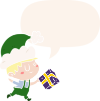 cartoon happy christmas elf and present and speech bubble in retro style png