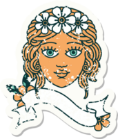 pegatina vieja desgastada con pancarta de cara femenina con corona de flores png