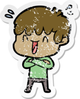 distressed sticker of a cartoon laughing boy png