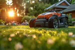 AI generated A robotic lawn mower stands on the lawn near the house at sunset photo