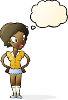 cartoon happy woman in short skirt with thought bubble png