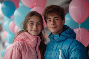 AI generated A young couple on a background of pink and blue balloons. Gender party photo