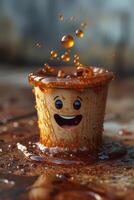 AI generated A disposable coffee cup with a smiling face on the table. 3d illustration photo