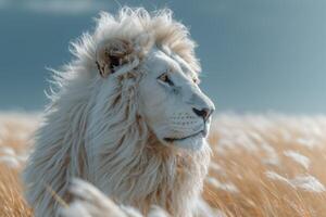 AI generated Portrait of a white lion in a field in summer photo