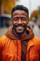 ai generado retrato de un sonriente africano hombre en de cerca en pie en el calle foto