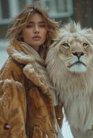 AI generated Beautiful fashionable young woman with a beautiful big lion photo
