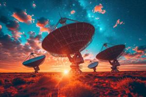 AI generated A field with a large satellite dish at sunset. The concept of communication with space photo