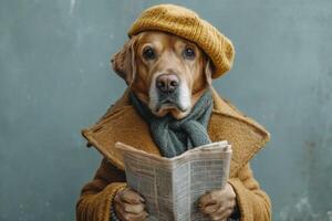 ai generado un perro en un sombrero y ropa lee un letra en un azul antecedentes foto