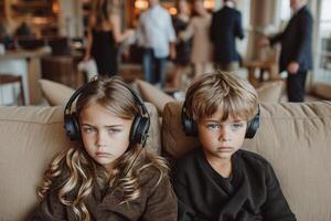 ai generado dos triste niños son sentado en el sofá con auriculares en en contra el antecedentes de su padres' fiesta foto