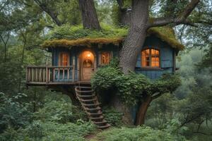 ai generado linda pequeño árbol casa para niños en el bosque foto