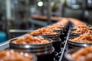 ai generado producción de Enlatado pez. estaño latas de pescado en el transportador foto