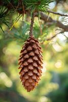 AI generated a cone is hanging on a branch of a pine tree in the forest. Cedar Cone photo