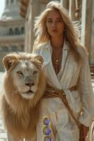 ai generado hermosa de moda joven mujer con un hermosa grande león foto