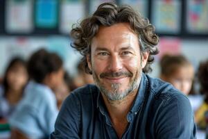 ai generado retrato de un sonriente masculino profesor en un elemental colegio salón de clases foto