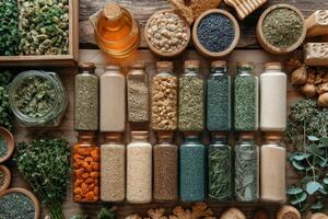 AI generated seeds in glass bottle jars on a wooden shelf photo