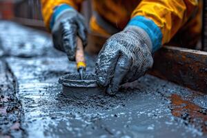 AI generated On freshly cast cement mortar at a construction site. The construction process photo