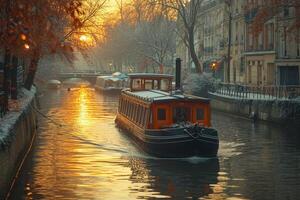 AI generated An old boat in the city canal on the water photo