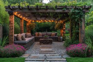 AI generated Stylish Wooden gazebo in a beautiful green garden photo