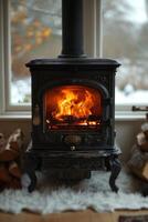 AI generated cast-iron stove in a rustic house with a fire lit inside to heat the house photo