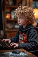AI generated A charming streamer boy is playing a video game on a computer with a calm expression on his face photo