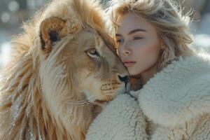 ai generado hermosa de moda joven mujer con un hermosa grande león foto