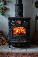 AI generated cast-iron stove in a rustic house with a fire lit inside to heat the house photo