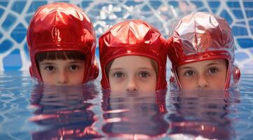 ai generado Tres niños en rojo tapas en el piscina foto