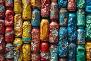 AI generated A bunch of used colored aluminum jars are ready for recycling photo