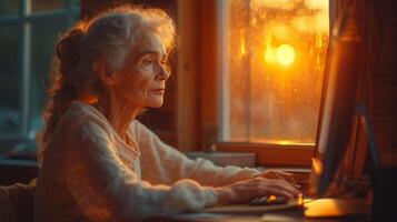 AI generated Portrait of an elderly woman working at home at a computer by the window at sunset. The concept of a freelancer photo