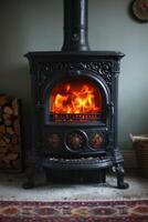 AI generated cast-iron stove in a rustic house with a fire lit inside to heat the house photo