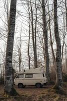 AI generated Camping in the forest of the motorhome . Holidays in a camper van photo