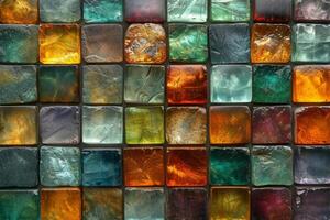 AI generated A wall of multicolored square glass bricks. Glass background photo