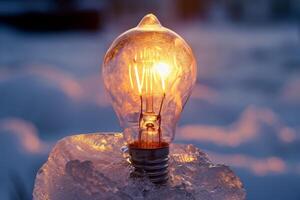 AI generated An ordinary incandescent light bulb stands outside in winter and burns photo