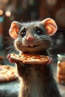 ai generado un contento linda ratón con un Pizza en su manos. 3d ilustración foto