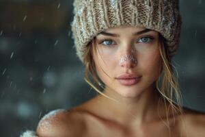 ai generado invierno retrato de un joven hermosa mujer en un sombrero foto