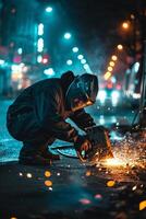 AI generated A worker on the street is repairing a hatch. Hot sparks fly into the air from the saw on the metal photo